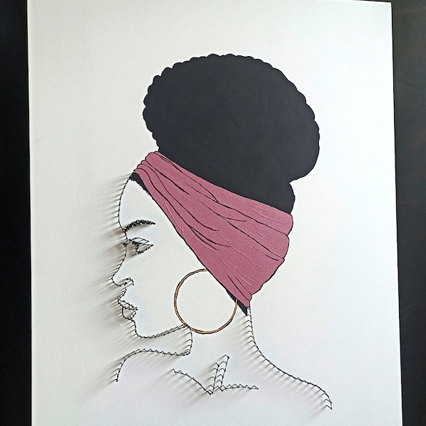 Tableau mural en bois blanc noir et rose pour décoration en fil tendu représentant le visage d'une femme afro