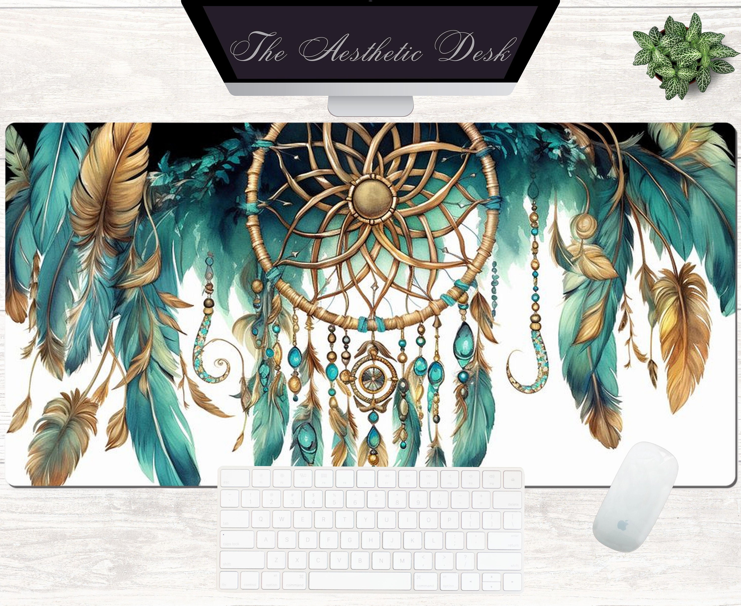 Dreamcatcher Desk Mat, Green and Gold, Desk Mat Aesthetic, Dream