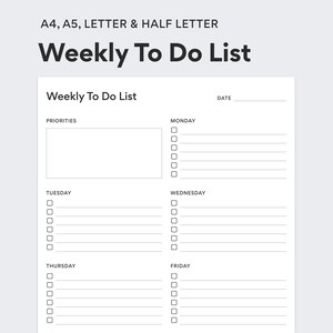 Weekly Planner To Do List  - Minimalist Productivity Planner - Weekly Schedule - Weekly Agenda - PDF Printable - DIGITAL DOWNLOAD
