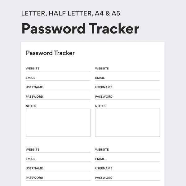 Password Tracker Template - PDF Printable - DIGITAL DOWNLOAD