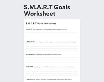 Pode incluir: Uma folha de trabalho em preto e branco com o título "S.M.A.R.T Goals Worksheet". A folha de trabalho é dividida em cinco seções: Específico, Mensurável, Atingível, Relevante e Com prazo. Cada seção tem uma pergunta para ajudar você a criar uma meta SMART.