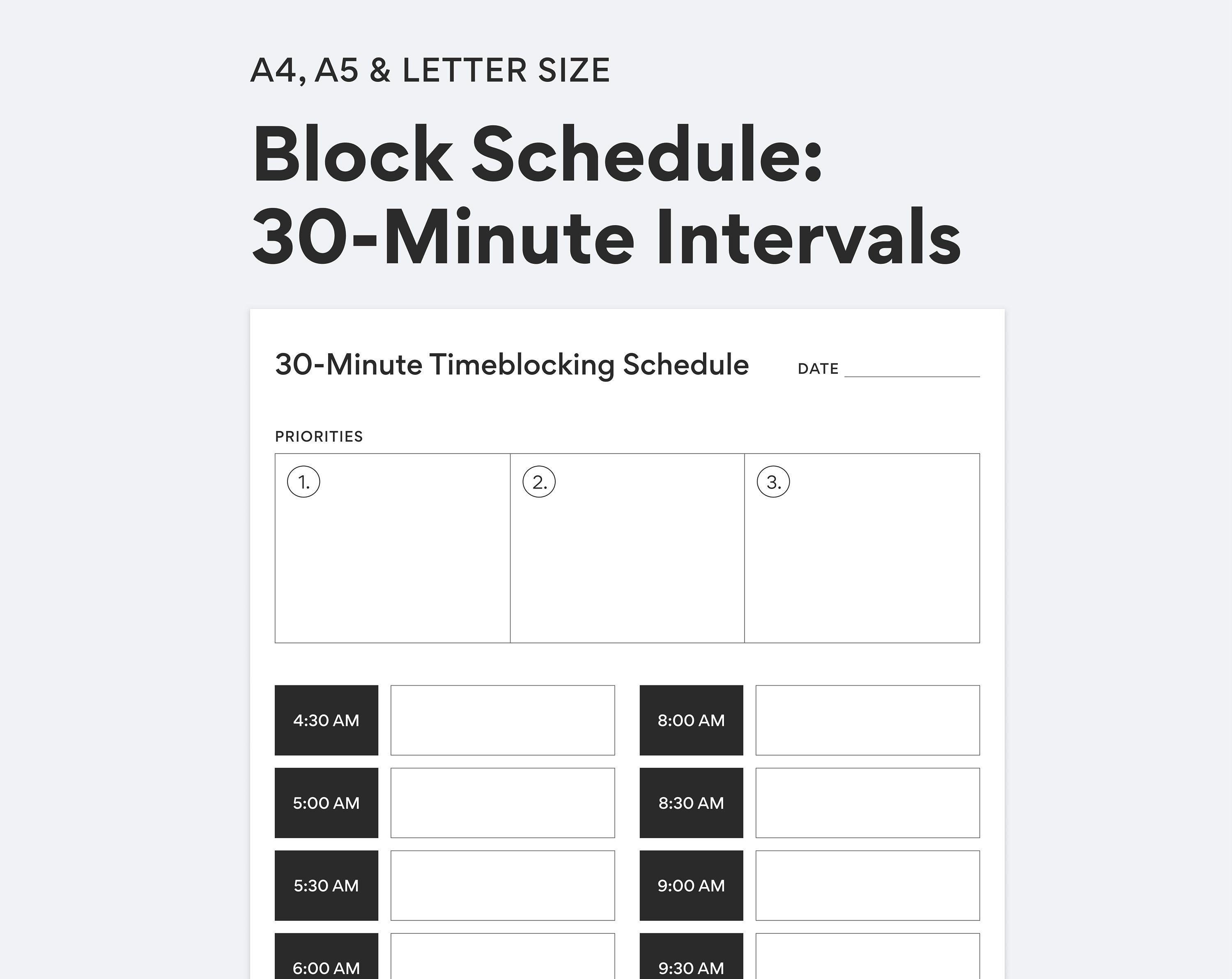 24 Hour Daily Timeblocking Schedule 30 Minute Intervals, Minimalist