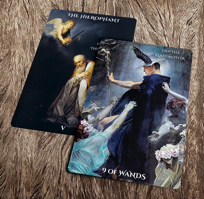 May include: Two tarot cards, one with a dark background and the text "THE HIEROPHANT" and the other with a colorful background and the text "DEPTHS ELASTIKOTTA 9 OF WANDS".