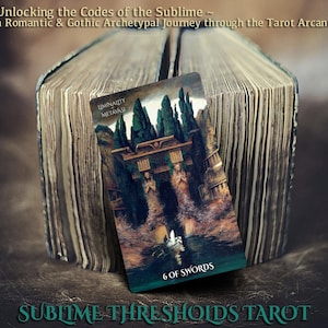 May include: A tarot card with a dark green, blue, and brown illustration of a boat on a river with a figure in the boat. The card is titled "6 of Swords" and is from the "Sublime Thresholds Tarot" deck.