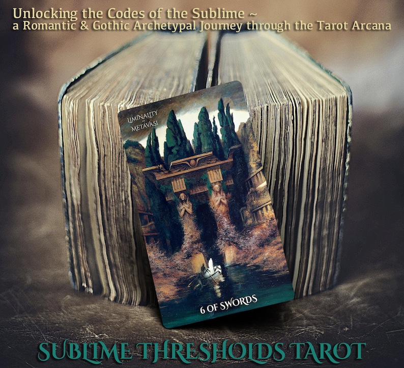 May include: A tarot card with a dark green, blue, and brown illustration of a boat on a river with a figure in the boat. The card is titled "6 of Swords" and is from the "Sublime Thresholds Tarot" deck.