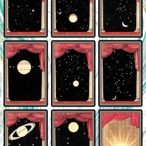 May include: A vintage illustration of the planets in our solar system, each depicted in a separate frame with a red curtain and gold columns. The planets are labeled with their names and diameters in miles. The Sun is shown in the last frame, with a bright yellow glow.