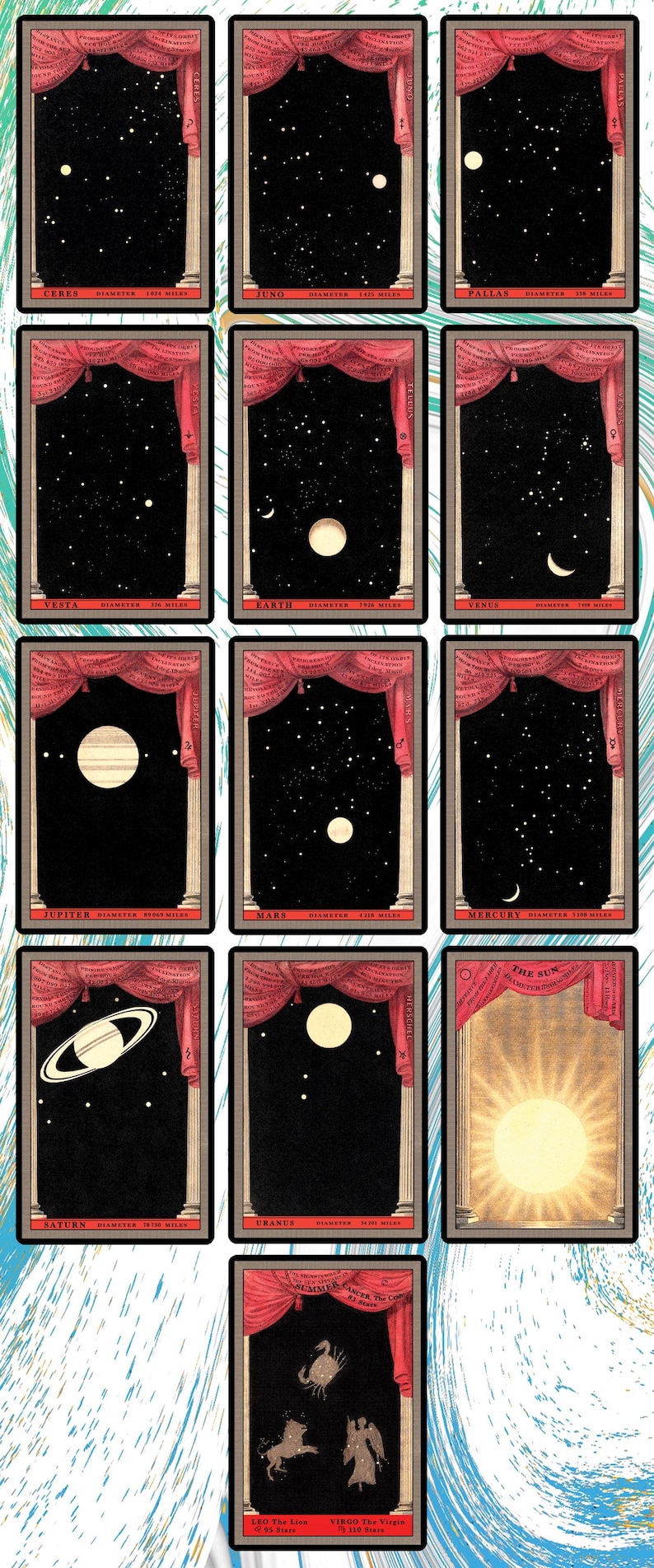 May include: A vintage illustration of the planets in our solar system, each depicted in a separate frame with a red curtain and gold columns. The planets are labeled with their names and diameters in miles. The Sun is shown in the last frame, with a bright yellow glow.