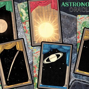May include: A set of ten illustrated cards featuring celestial bodies, including the moon, sun, comet, Jupiter, and Saturn. The cards are part of an "Astronomia Oracle" deck and feature a vintage aesthetic.