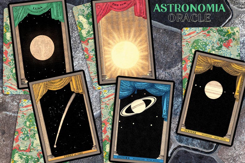 May include: A set of ten illustrated cards featuring celestial bodies, including the moon, sun, comet, Jupiter, and Saturn. The cards are part of an "Astronomia Oracle" deck and feature a vintage aesthetic.