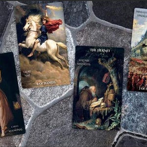 May include: A set of ten tarot cards featuring colorful illustrations and text. The cards include 7 of Wands, 6 of Wands, The Hermit, and 3 of Pentacles.