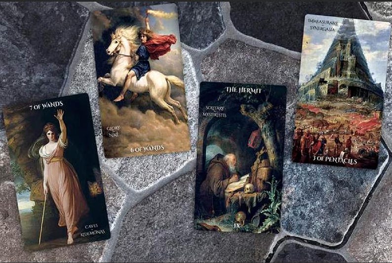 May include: A set of ten tarot cards featuring colorful illustrations and text. The cards include 7 of Wands, 6 of Wands, The Hermit, and 3 of Pentacles.
