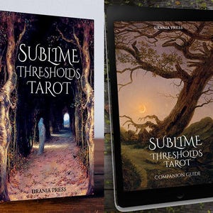 May include: A tarot deck box with the title "Sublime Thresholds Tarot" and the publisher "Urania Press" printed on the front. The box features a dark forest scene with a path leading to a light at the end.