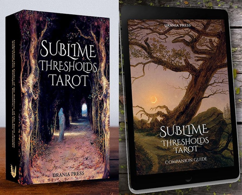 May include: A tarot deck box with the title "Sublime Thresholds Tarot" and the publisher "Urania Press" printed on the front. The box features a dark forest scene with a path leading to a light at the end.
