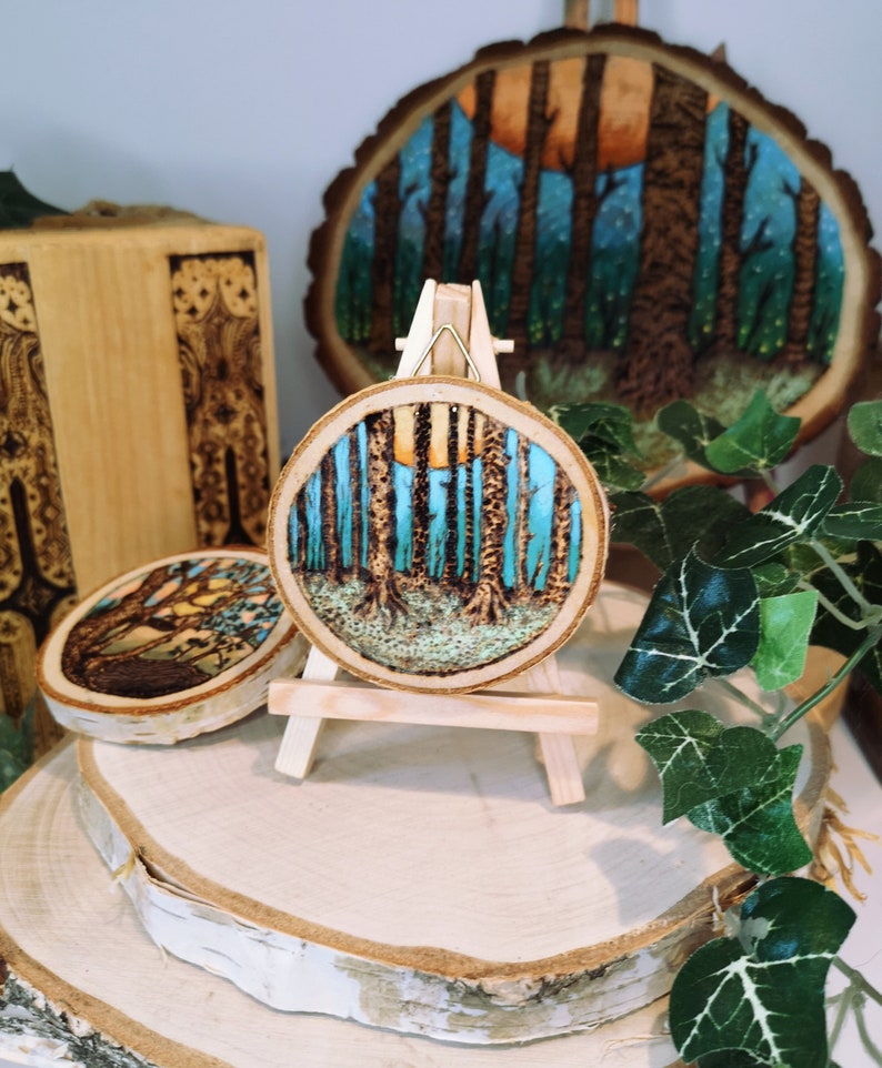 Forest Pyrography on a Slice of Wood, Little Wall Hanging, Woodburning ...