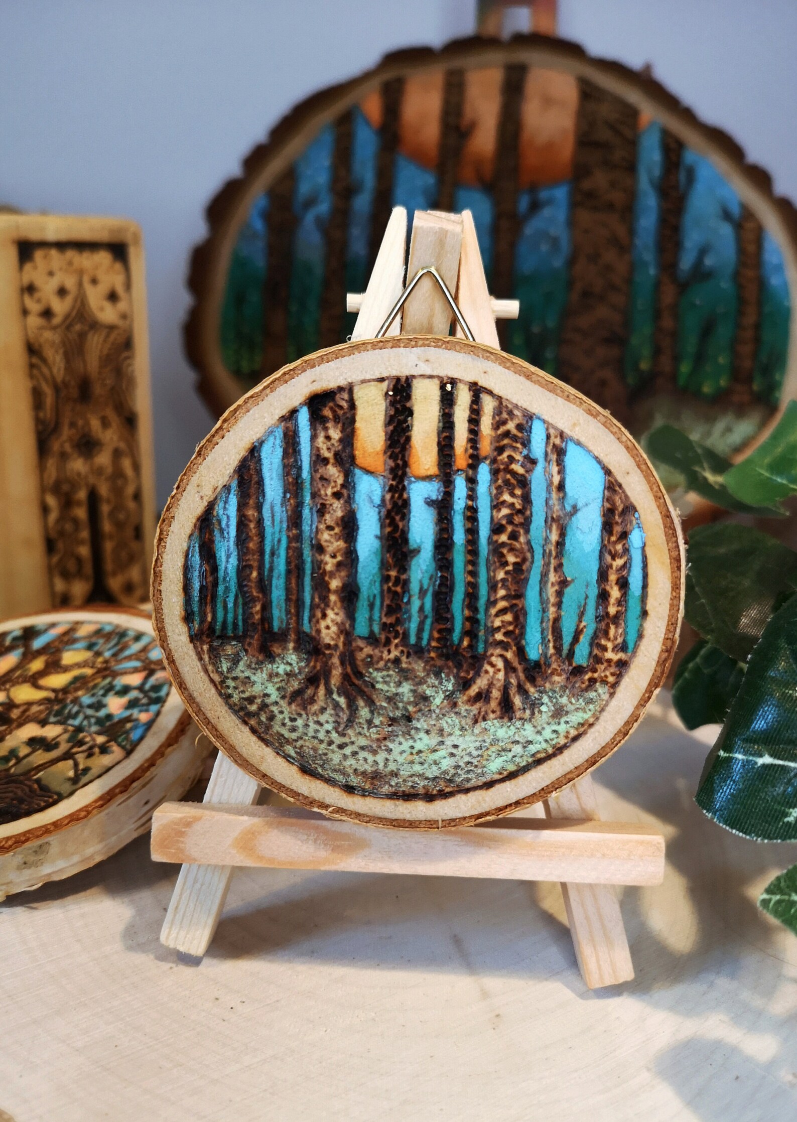 Forest Pyrography on a Slice of Wood, Little Wall Hanging, Woodburning ...