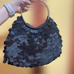 Black Crochet Sequin Bag, Handcrafted Party Bag, Sequin Handbag, Black Mini Evening Bag, Glam Party Purse with Metal Handle Gift for Her
