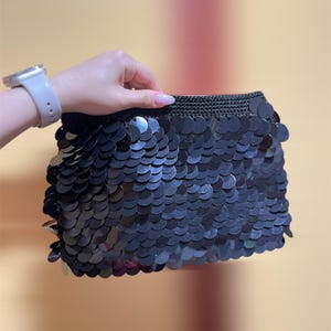 Black Crochet Sequin Clutch Purse, Handcrafted Party Bag, Sequin Handbag, Mini Evening Bag, Glam Party Purse Handle
