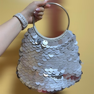 Silver Crochet Sequin Bag, Handcrafted Party Bag, Sequin Handbag, Silver Mini Evening Bag, Glam Party Purse with Metal Handle Gift for Her