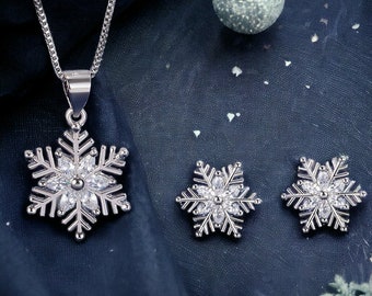 Set of Crystal Snowflakes 925 Sterling Silver Necklace and Stud Earrings, Snowflakes Silver Earrings with Pendant Necklace, Christmas Gift