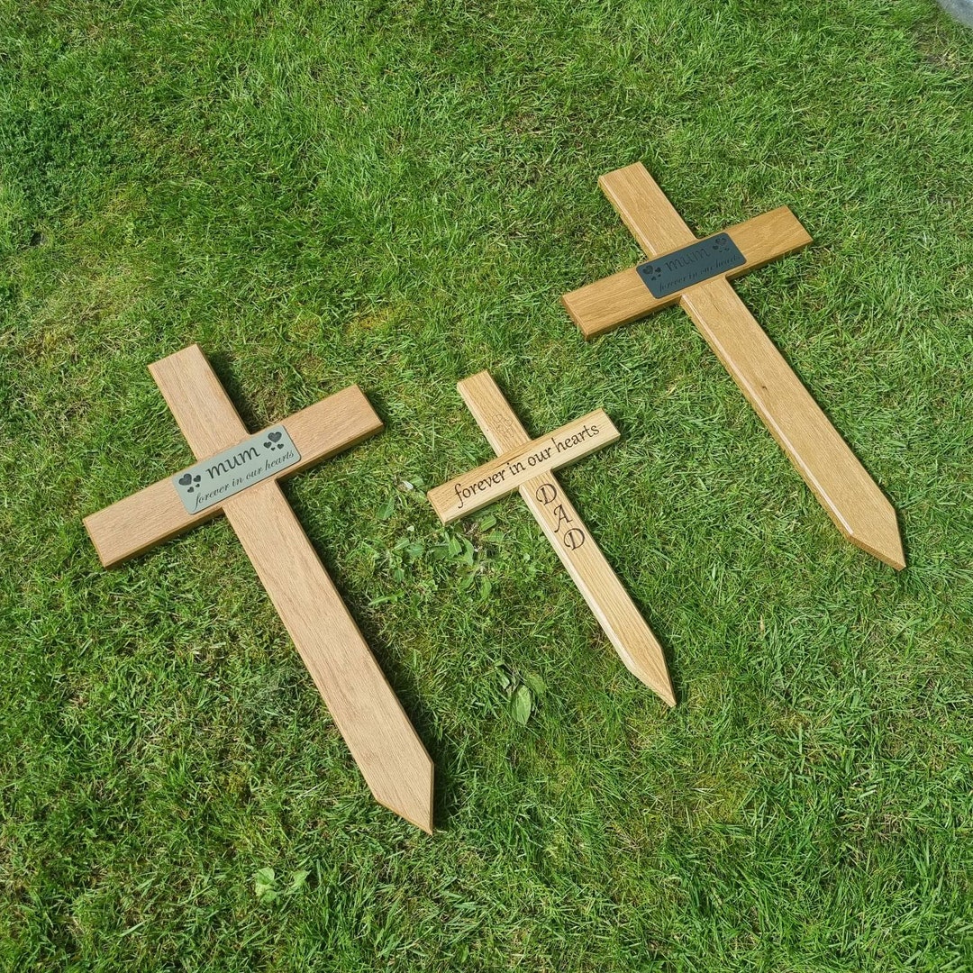 Solid Oak Engraved Memorial Cross. Grave Marker, Cemetary, Outdoor