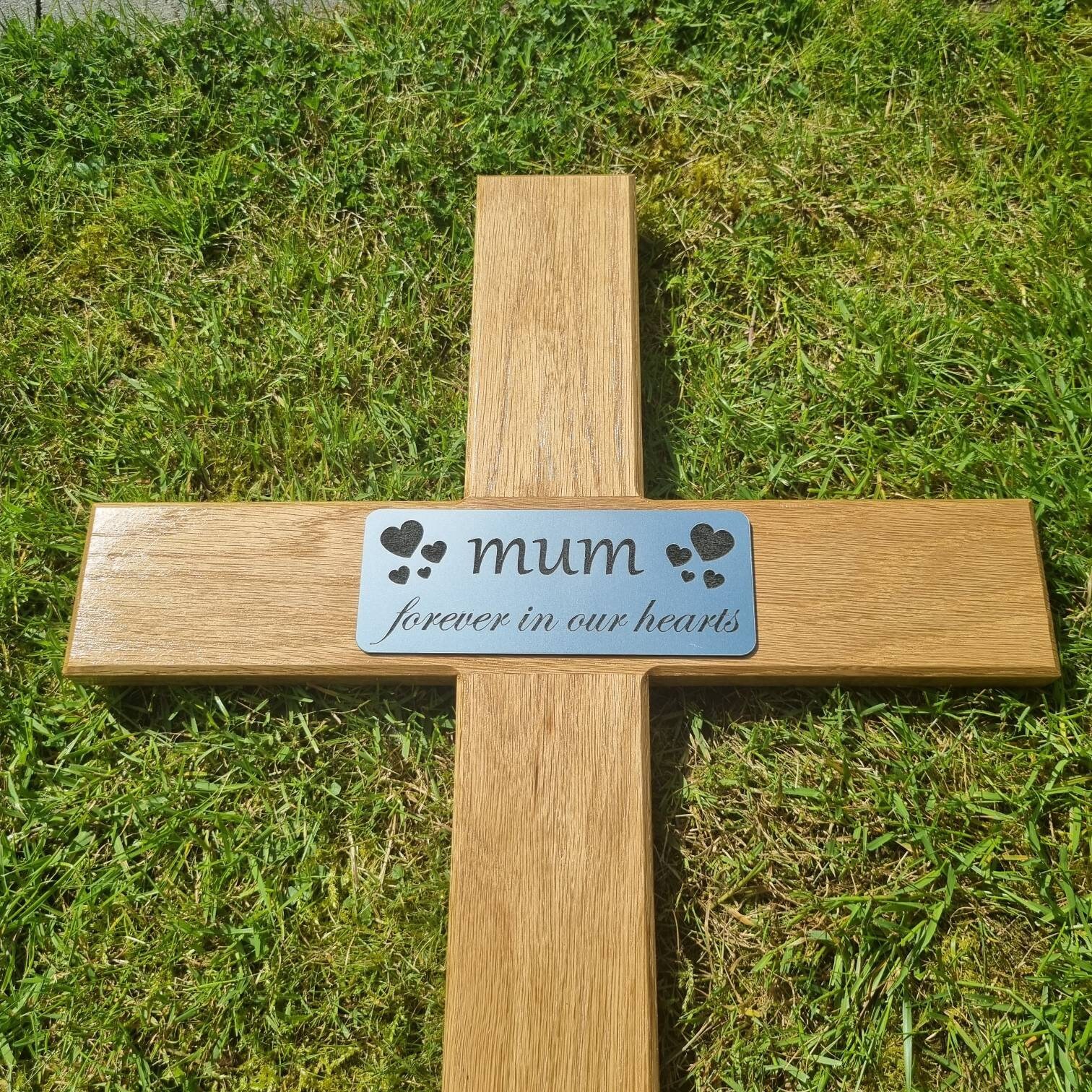 Solid Oak Engraved Memorial Cross. Grave Marker, Cemetary, Outdoor