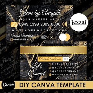 Kreditkarten Template, Beauty Business Card Canva Schwarz Gold Marmor Visitenkarte Friseur Makeup Nägel MUA Braids Instagram Style DIY
