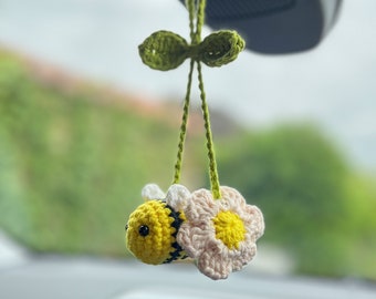 Crochet Bee and Flower Car Charm, Car Hanging Accessory