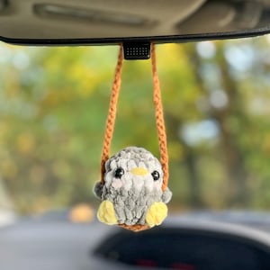 Crochet Penguin on a swing Car Charm, Crochet Car Accessory, Car Hanging, Cute Car Decor, New Driver, Gift for Her
