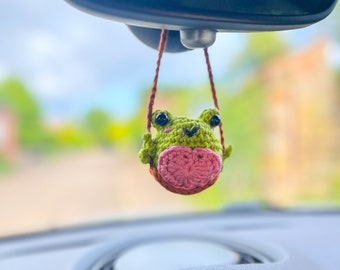 Crochet Frog on a swing Car Charm, Handmade Swinging Car Accessory, Crochet Car Decor