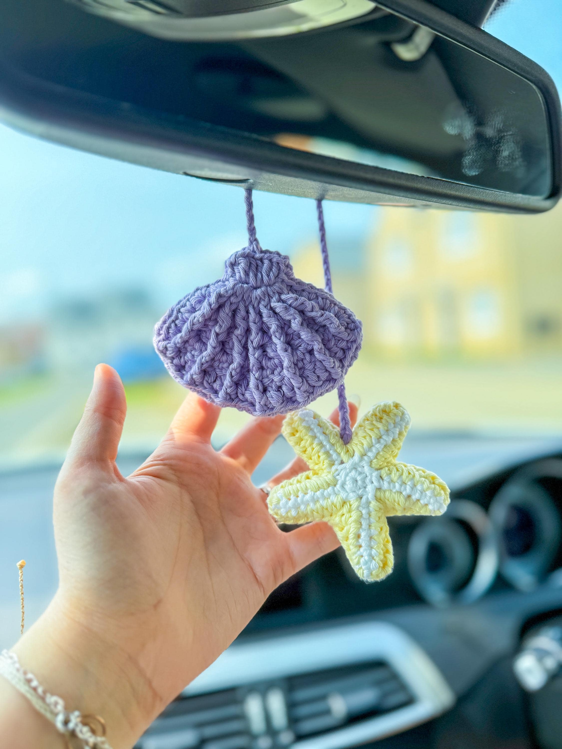 Crochet Seashell Car Charm, Starfish Rear View Decor, Handmade