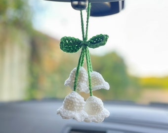 Crochet White Lily of the Valley Car Charm, Car Accessories, Floral Hanging, Rear View mirror, Gift for her