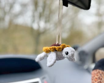 Crochet Sunflower Turtle Car Charm, Crochet Car Accessory, Rearview Mirror Decor