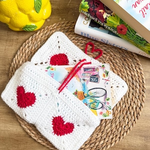 Crochet Book Sleeve, Red Love Heart Design, Soft Handmade Book Cover, Gift for Book Lover