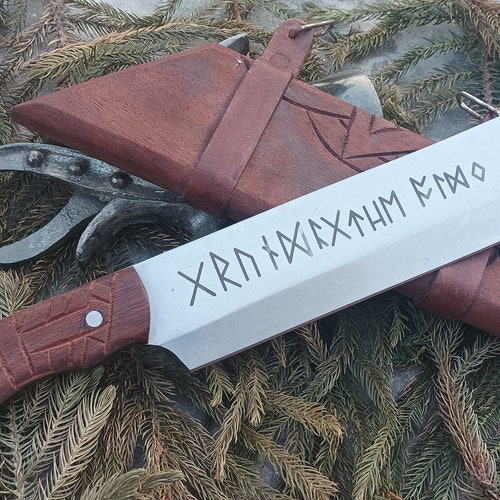 Custom, made, Engrave, Viking Seax, shops High Carbon Steel, Rustic Looking, Domestic Use, Leather Sheath, Birthday Gift for him, Anniversary gift