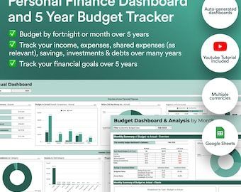 5 Year Budget Tracker | Personal Finance Dashboard in Google Sheets (Digital Download)