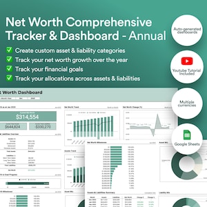 Net Worth Dashboard and Tracker in Google Sheets | Assets, Liabilities & Goals Tracking | Comprehensive | Annual