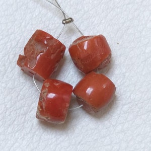 Unique Natural Red Coral 4 Beads – Drilled Polished Genuine Drum Shape Beads (5mm x 8mm)