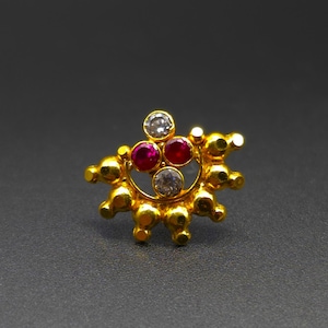 22K Solid Gold Nose Stud: Handmade Indian CZ Jewelry