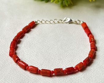 Natural Red Coral Bracelet - Italian Red Coral Bracelet - Gemstone Beads Bracelet - Silver Bracelet Hand Band