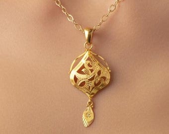 22K Yellow Gold Lotus Flower Necklace: Boho Medallion Pendant