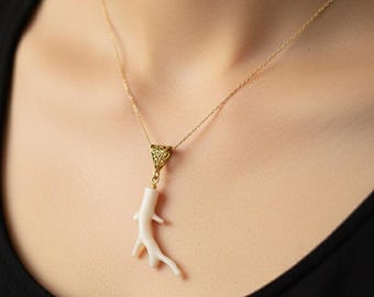 White Coral Branch Pendant: Antique Gold Tone, Natural Gemstone
