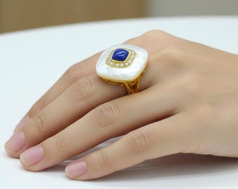 Lapis Lazuli Mother of Pearl Adjustable Ring – 18K Gold Filled, Sterling Silver