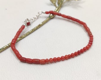 925 Silver Bracelet-Genuine Mediterranean Red Coral Gemstone Beaded Adjustable Bracelet