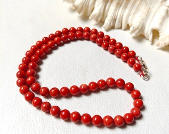 Red Coral Bead Necklace: Vintage Silver Clasp, 6mm Gemstone