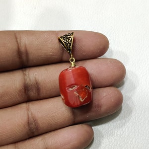 Vintage Italian Red Coral Pendant: Gold Plated Brass Cabochon