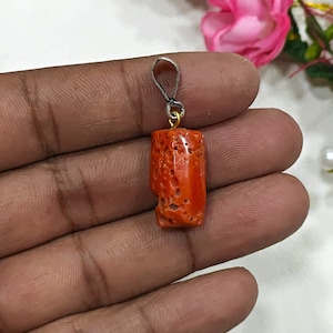 Natural Italian Red Coral Brass Pendant - Handmade Tube Shape
