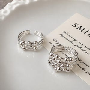 Anillo vintage multicapa de plata de ley 925 con bola, anillo abierto ajustable hecho a mano, anillo llamativo apilable, regalo de joyería bohemia de plata