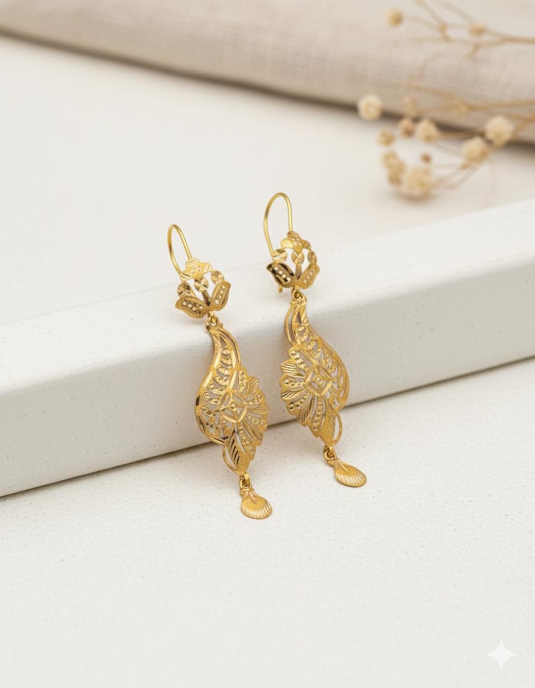 22K Gold Filigree Dangle Earrings: Indian Jhumka Style Hong