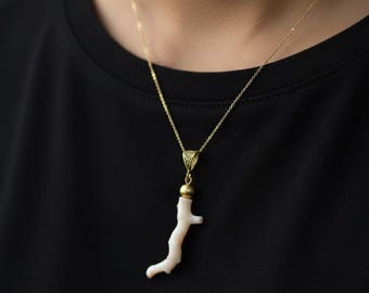 White Coral Branch Pendant: Gold-Tone Brass Boho Necklace