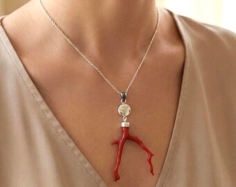 Pendentif branche de corail rouge naturel - Argent allemand - Pierres précieuses de la Méditerranée